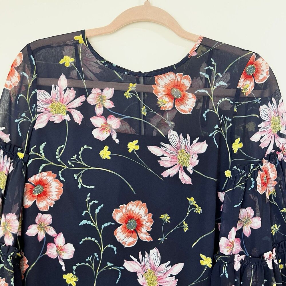 Eliza J Navy Pink Floral Dress Oversized Ruffle Flare Sleeves Women’s 4 - Picture 6 of 13